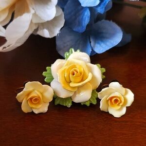 Vintage Yellow Bone China Flower Brooch & Screw Back Earring Set Denton England